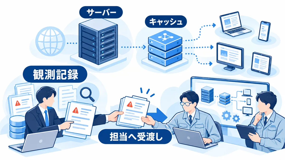 観測記録を担当へ渡しサーバーとキャッシュの配信構成を確認する図