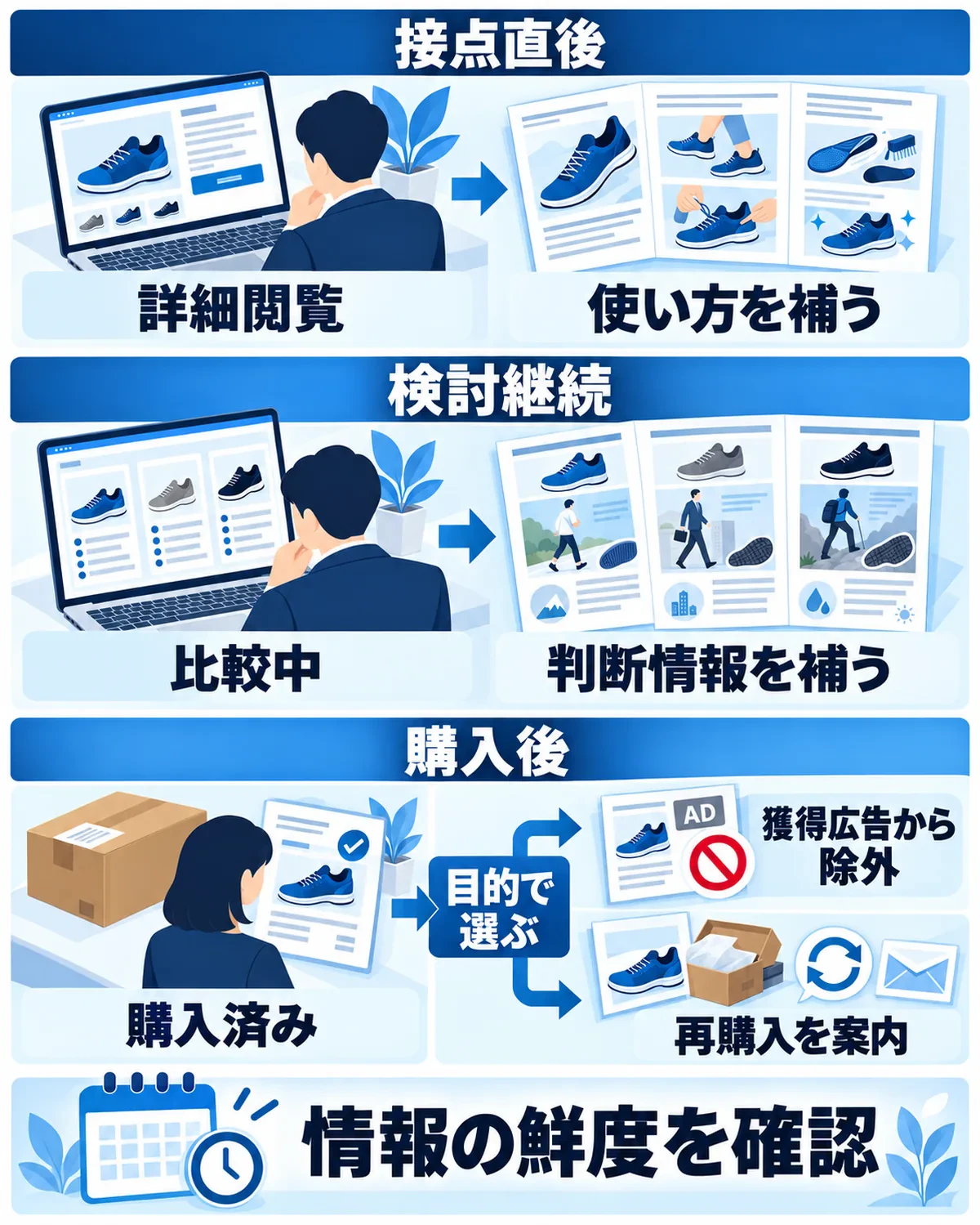 詳細閲覧後には使い方、比較中には判断情報を補い、購入後は獲得広告からの除外と再購入案内を目的で選ぶ