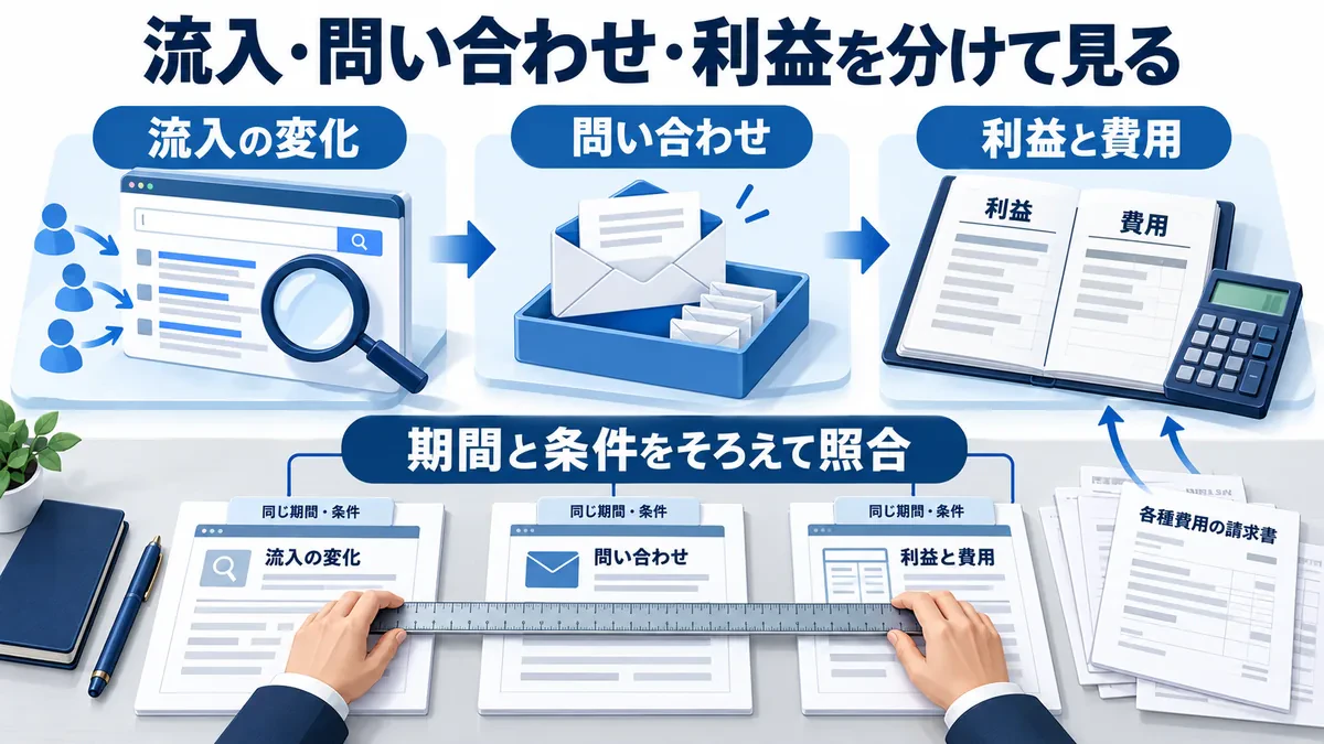 流入・問い合わせ・利益と費用を、同じ期間と条件で分けて照合する図