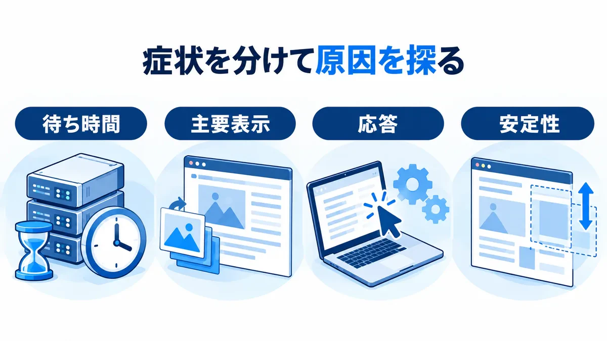 待ち時間、主要表示、応答、安定性の症状を分けて原因を探す図