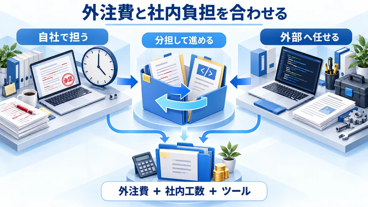 自社と外部の作業を分担し、外注費・社内工数・ツールを合わせて負担を考える図