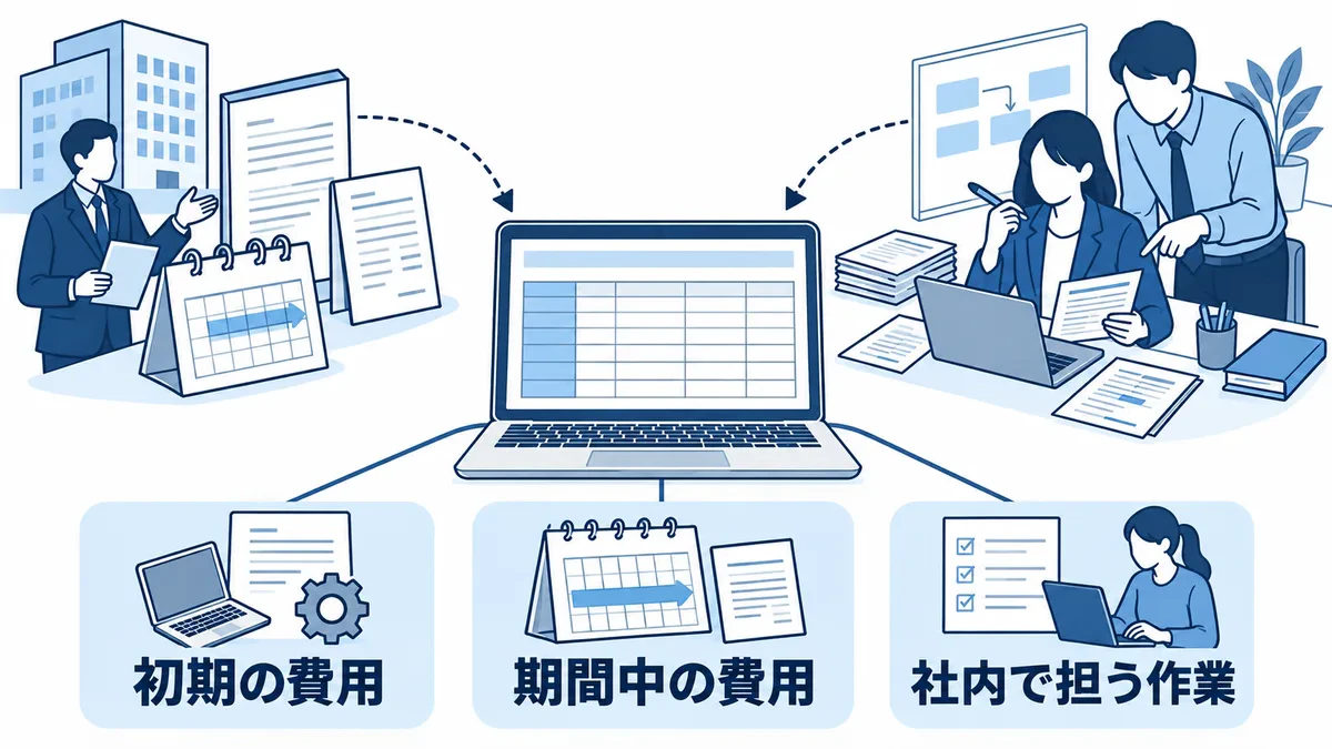 外部への支払いと契約期間、社内で確認する作業を予算表へ集める関係