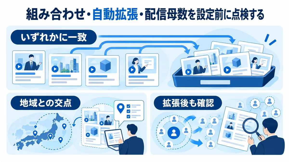 コンテンツ条件のいずれかへの一致、地域との交点、自動拡張後の対象を別々に点検する図