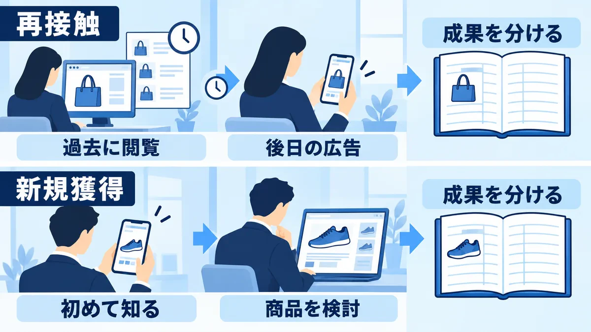 過去の商品閲覧から後日の再接触へ進む経路と、初めての広告接点から検討へ進む経路を分けて記録する