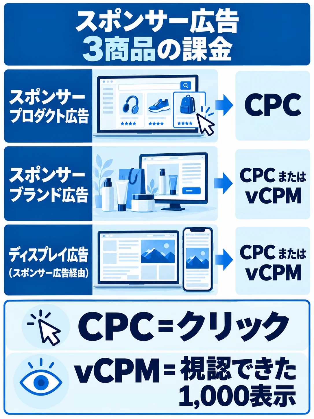 スポンサー広告3商品の課金。スポンサープロダクト広告はCPC、スポンサーブランド広告とスポンサー広告経由のディスプレイ広告はCPCまたはvCPM。CPCはクリック、vCPMは視認できた1,000表示に対する課金。