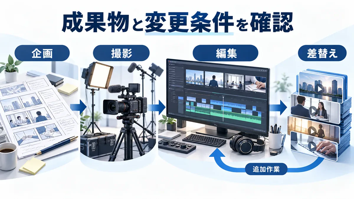企画・撮影・編集の工程と、差し替えにより編集の追加作業が生じる関係