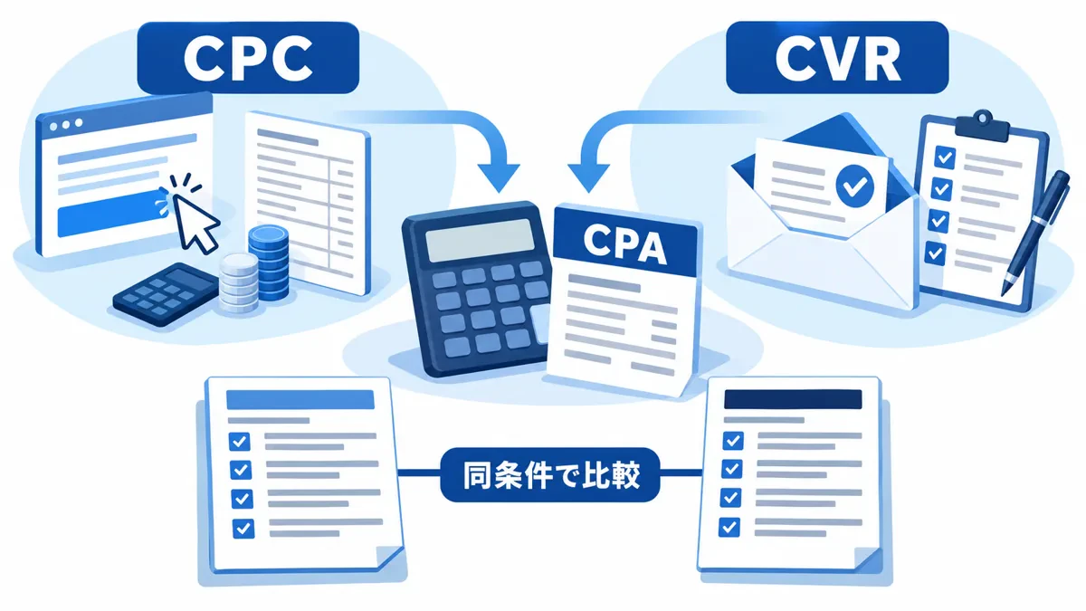 クリック単価CPCと成果率CVRの両方からCPAを確認し、同じ条件の記録を比較する構造