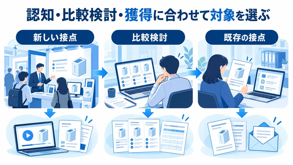新しい接点、比較検討、既存の接点ごとに紹介動画や資料を合わせる図