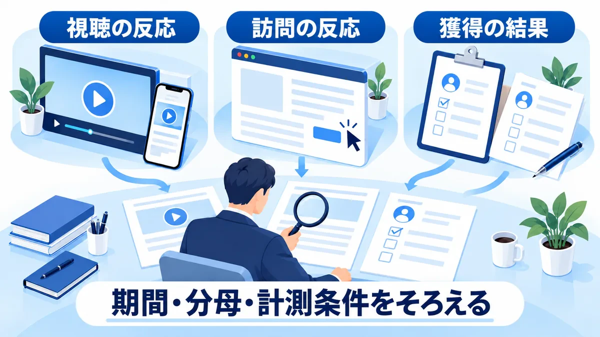 視聴・訪問・獲得の記録を期間と分母、計測条件をそろえて照合する