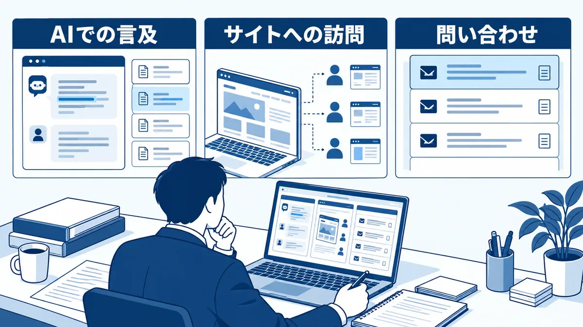 AI回答での言及、サイトへの訪問、問い合わせを別の記録として照合する関係