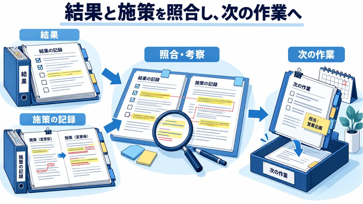 結果記録と変更前後の施策記録が中央の照合へ集まり、担当票・期限カレンダーを伴う次作業へ渡る