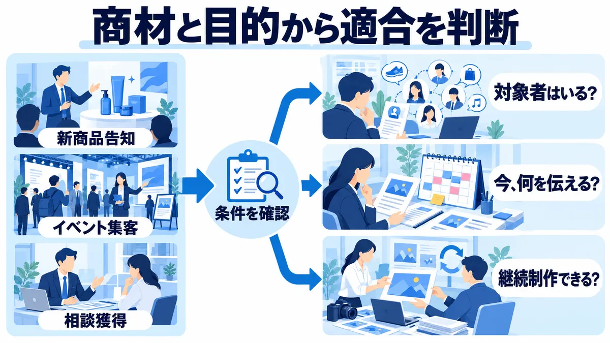 新商品告知・イベント集客・相談獲得から、対象者・今伝える内容・継続制作の条件を確認する図