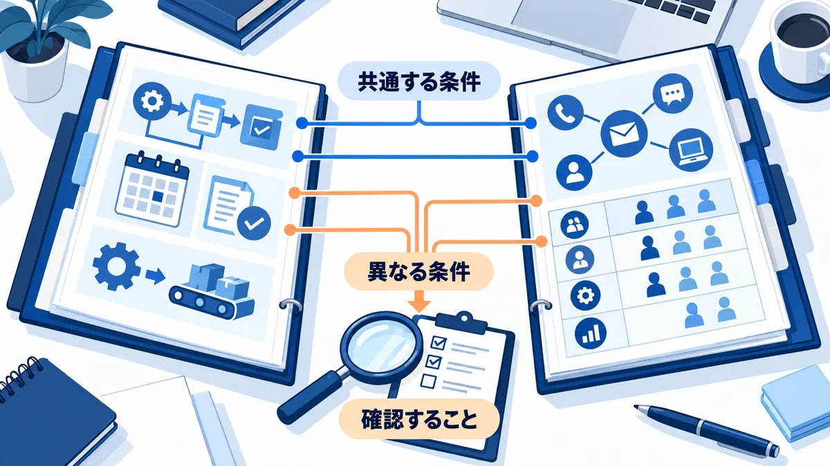 事例と自社の共通条件と異なる条件を照合し、追加確認事項を整理する関係