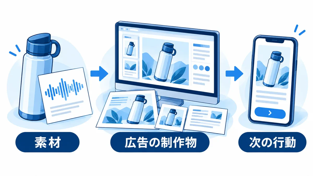 商品画像や音声の素材から広告の制作物を作り、閲覧者の次の行動につなぐ流れ