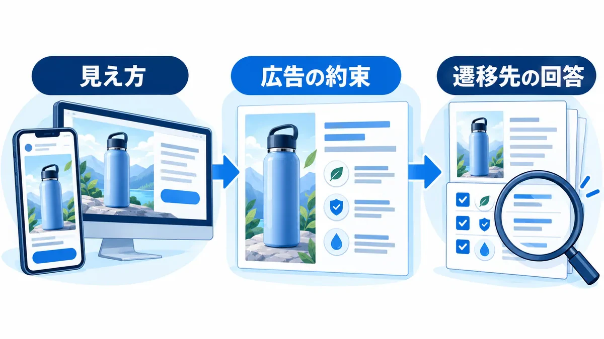 掲載面の見え方と広告の約束を、遷移先の商品情報と照合する関係