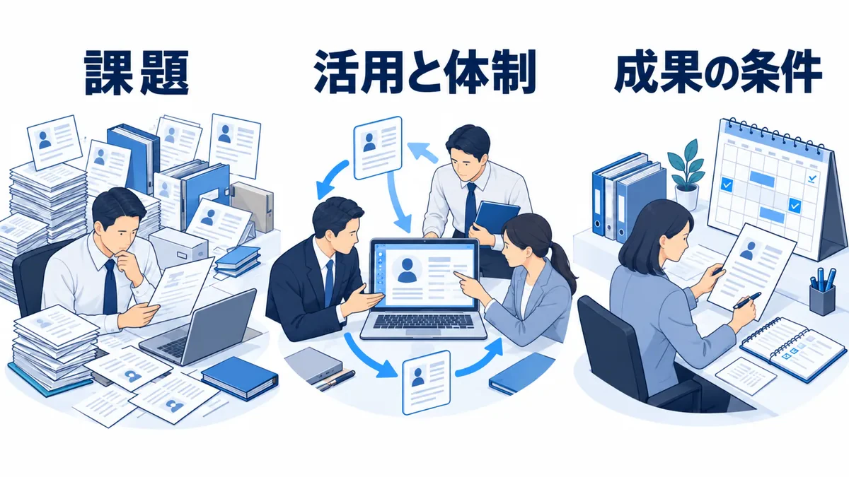 分散した顧客情報を共有し、活用体制と成果の評価条件を確認する流れ