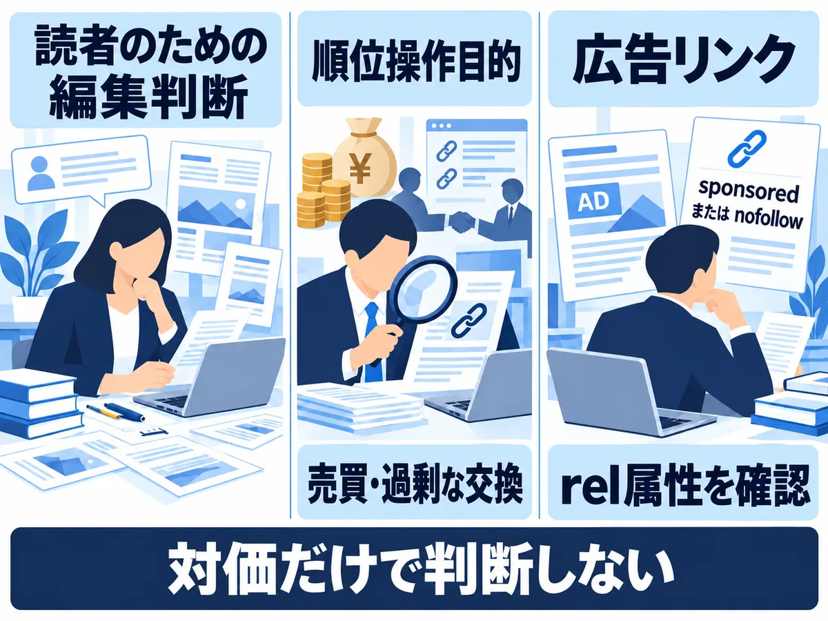 読者のための編集判断、順位操作目的の売買・過剰な交換、広告リンクのrel属性確認を並列に示す。広告リンクではsponsoredまたはnofollowを確認し、対価だけで判断しない。