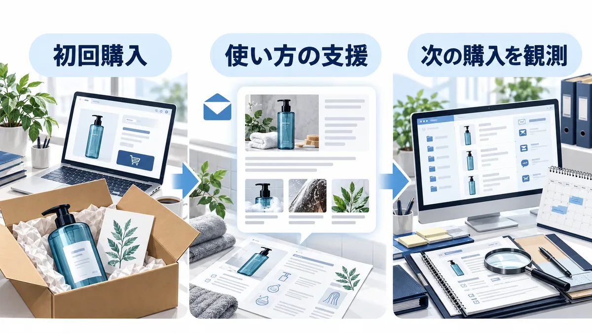 初回購入後に使い方の情報を届け、次の購入状況を観測する図