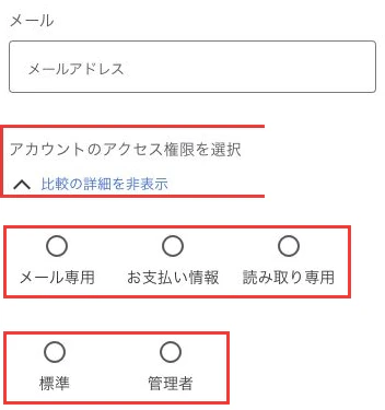 Google広告の招待フォームから、未入力のメール欄、アクセス権限の項目名、未選択の権限候補を抜粋し、説明用に縦に配置した画像。元画面の連続した配置ではありません。