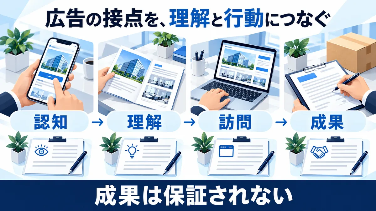 広告接触から認知・理解・訪問・成果へつなぐ役割と各段階の記録。成果は保証されない。