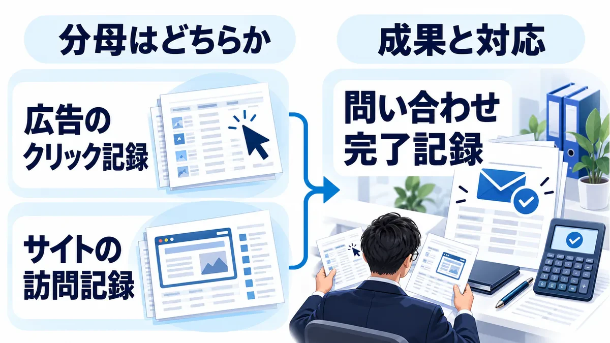 広告のクリック記録かサイトの訪問記録のどちらかを分母とし、問い合わせ完了記録と対応させる