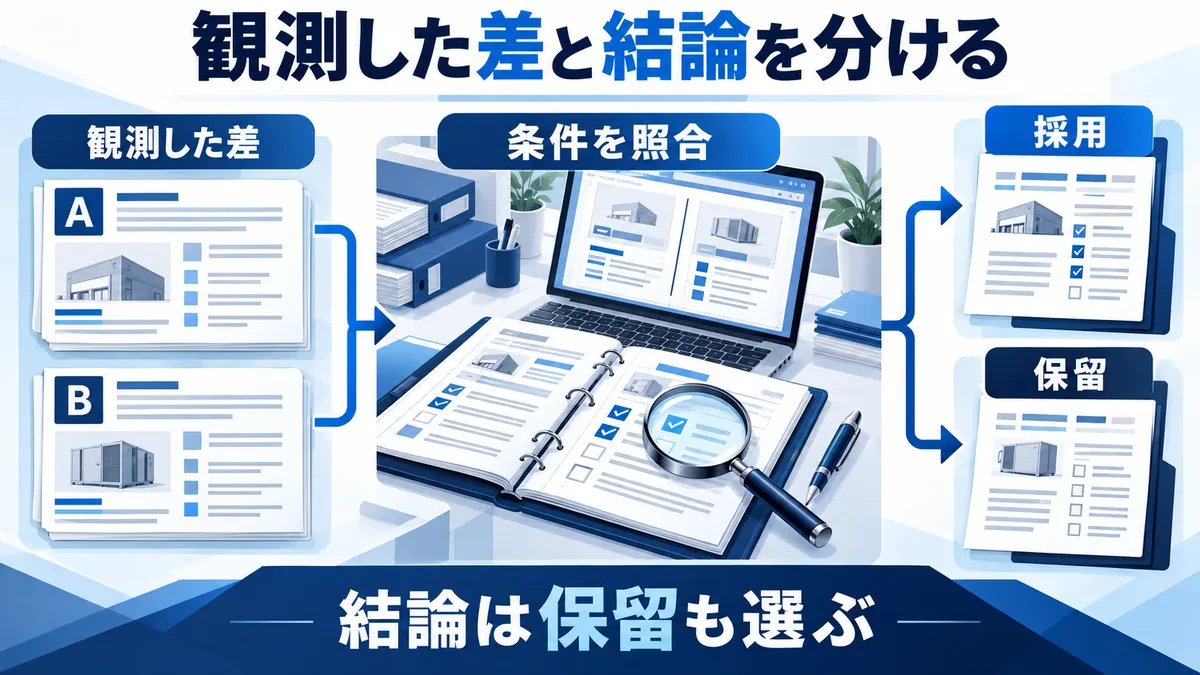 比較記録の条件を照合して採用または保留を判断する流れ