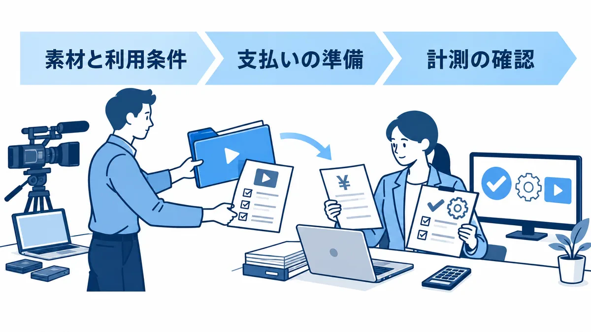 素材と権利、支払いと計測の準備を分担する