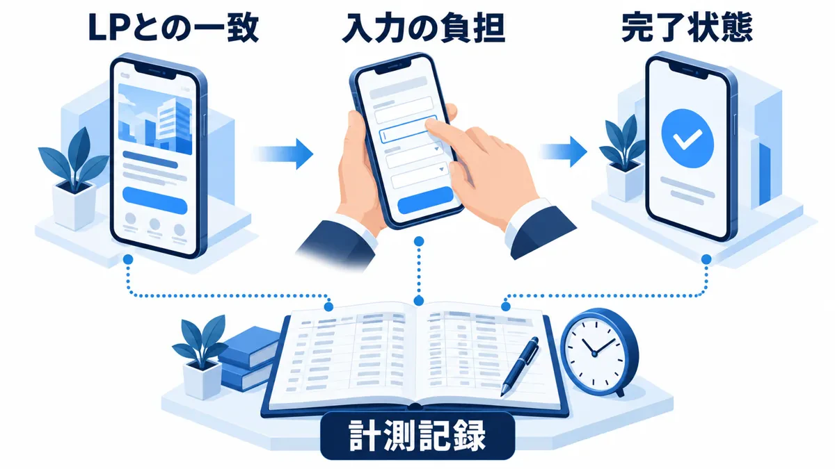 スマホでのLP閲覧、入力、完了までの操作と、それぞれの計測記録を照合する関係