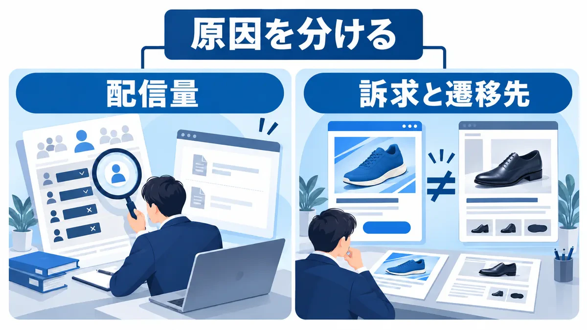 対象条件と配信量を調べる場面と、スニーカーの広告から革靴のページへ移る不一致を照合する場面