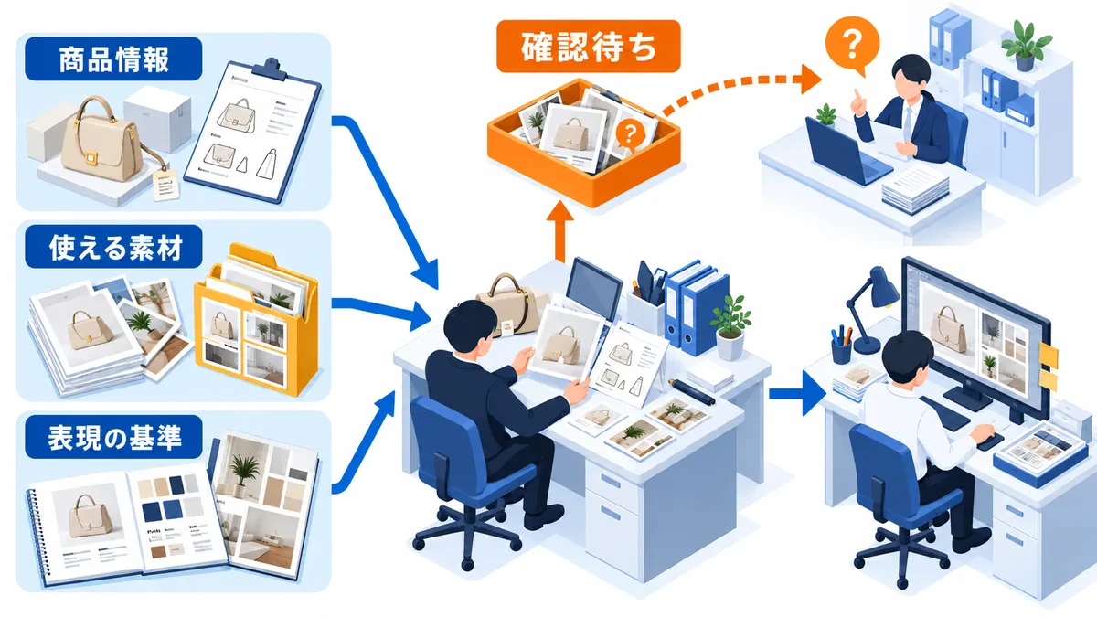 商品情報、使える素材、表現の基準を照合して制作へ渡し、未確認素材は確認窓口へ戻す流れ。