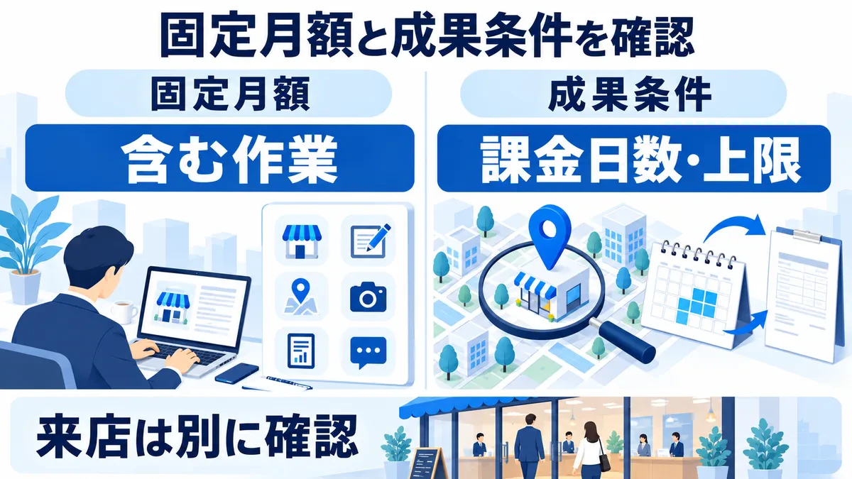 固定月額では含む作業、成果報酬では課金日数と上限を確認し、来店は別に評価する図