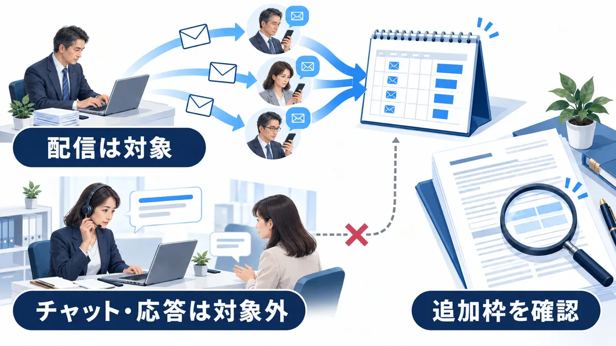 配信は通数対象、チャットと応答は対象外として追加枠を確認する図