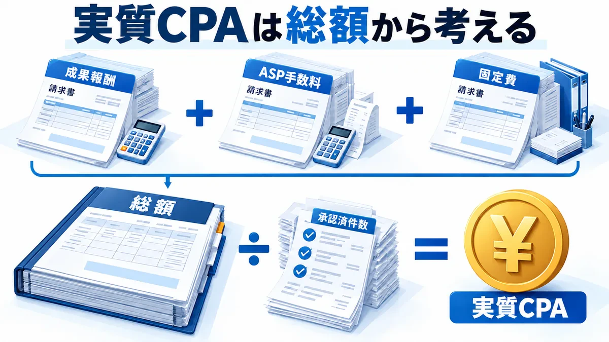 成果報酬、ASP手数料、固定費を足した総額を承認済件数で割り、実質CPAを求める図。