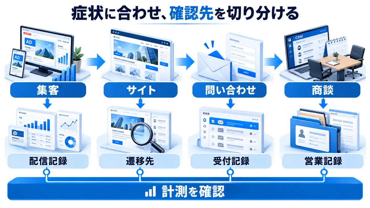 集客、サイト、問い合わせ、商談の各段階から配信記録、遷移先、受付記録、営業記録へ分岐し、全段階の計測を確認する。
