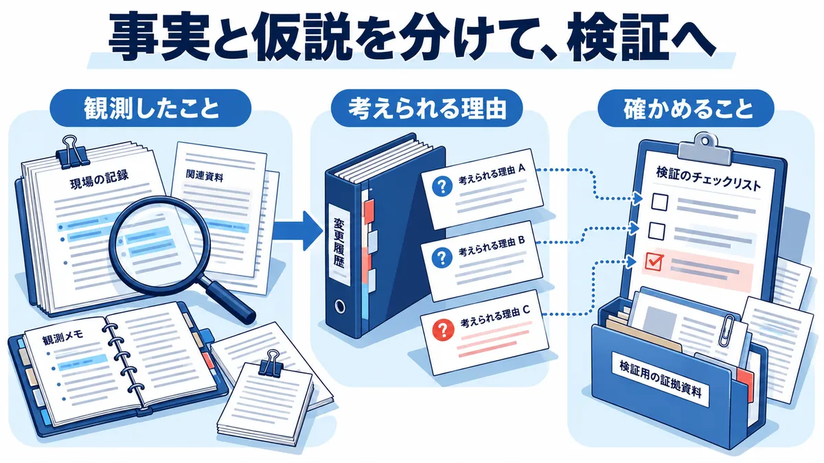 観測記録と変更履歴から複数仮説を分け、破線で検証チェック票へ結ぶ