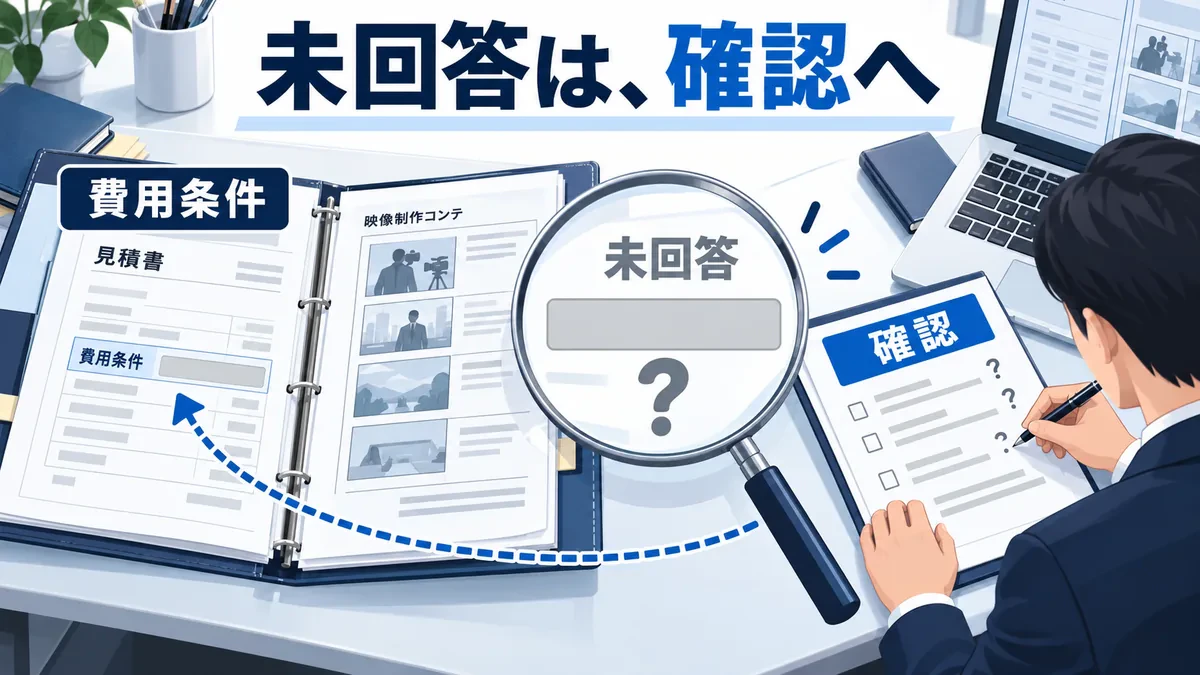 見積書と制作条件を照合し、未回答の費用条件を質問へ戻す場面