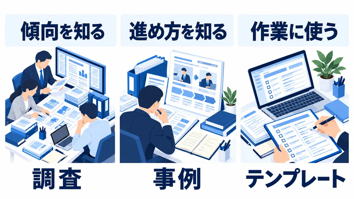 傾向を知るために調査、進め方を知るために事例、作業に使うためにテンプレートを選ぶ用途別の対応。