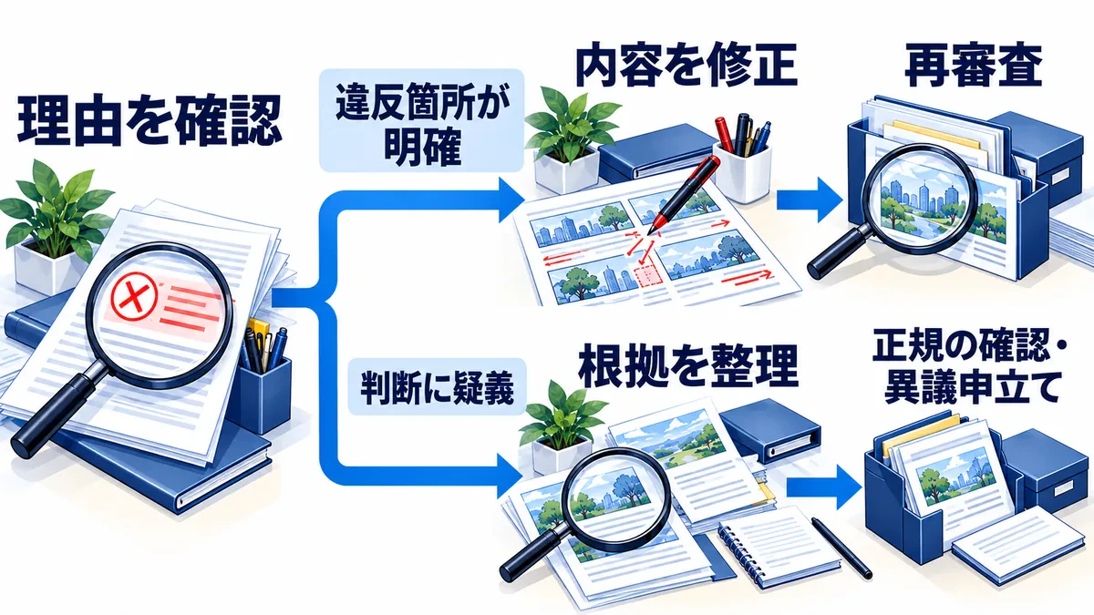 不承認理由を確認し、違反箇所が明確なら内容を修正して再審査へ、判断に疑義があれば根拠を整理して正規の確認・異議申立てへ進む