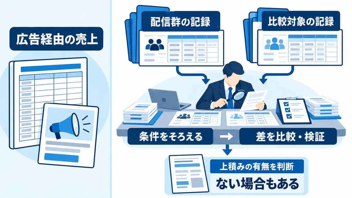 広告経由の売上記録と、条件をそろえた配信群・比較対象の成果差の検証を分け、上積みの有無を判断する