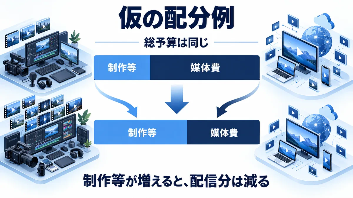 架空の配分例。同じ総予算で制作等の費用が増えると媒体費へ回せる金額が減る