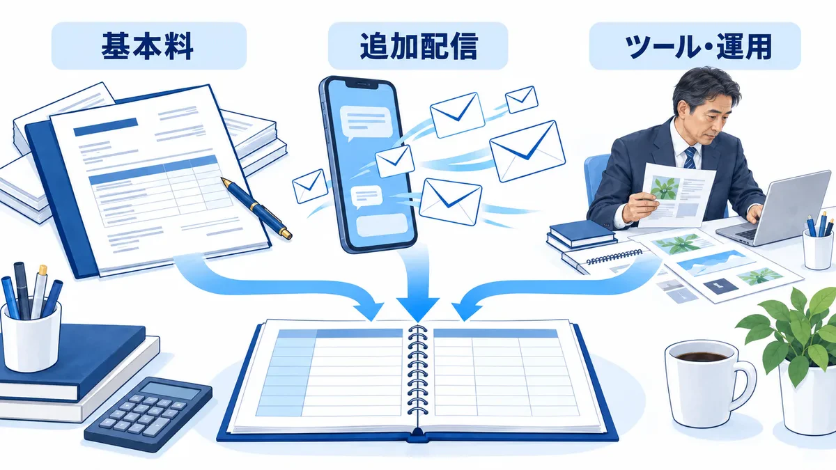 基本料、追加配信、ツールと運用の費用を月次予算へ集める図