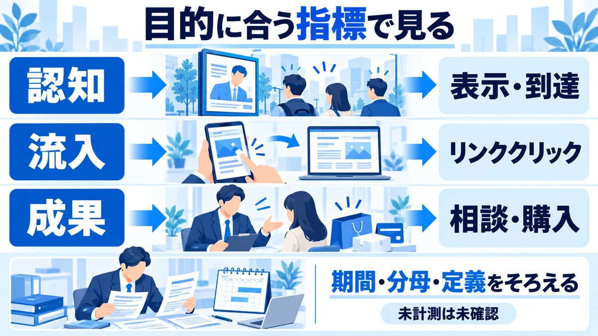 認知と表示・到達、流入とリンククリック、成果と相談・購入を対応させ、期間・分母・定義をそろえる図