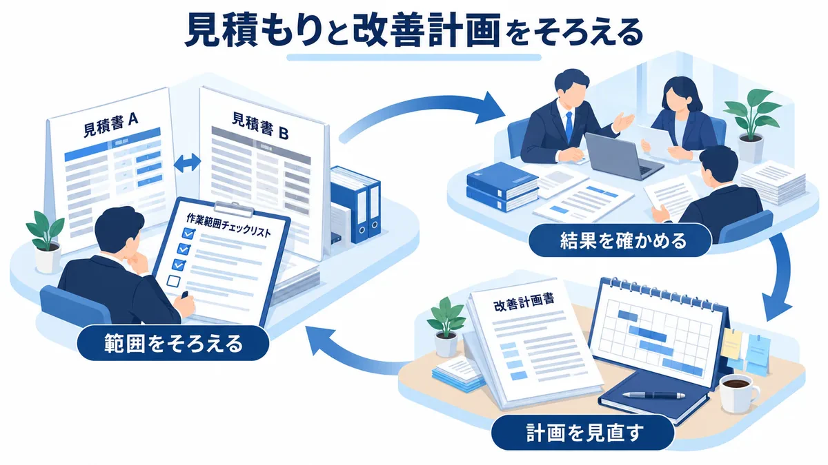 見積もりの範囲をそろえ、結果を確かめ、次の運用計画へ反映する循環。
