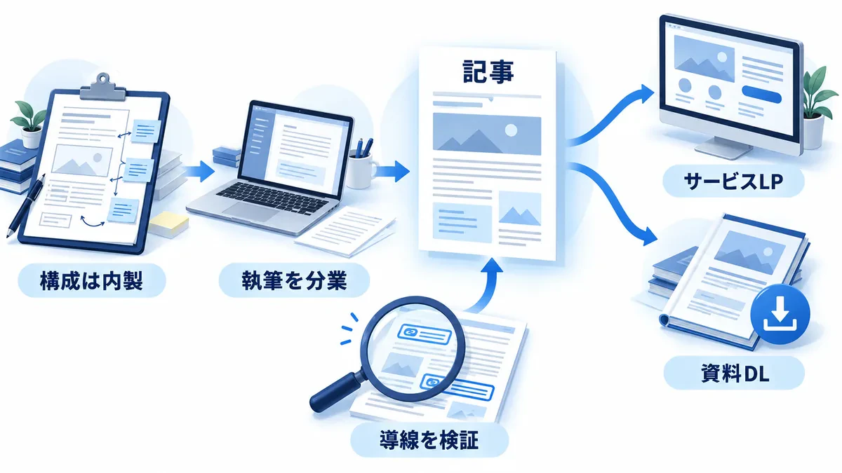 構成は社内、執筆は分業とし、記事からサービスLP・資料ダウンロードへの導線を検証する関係