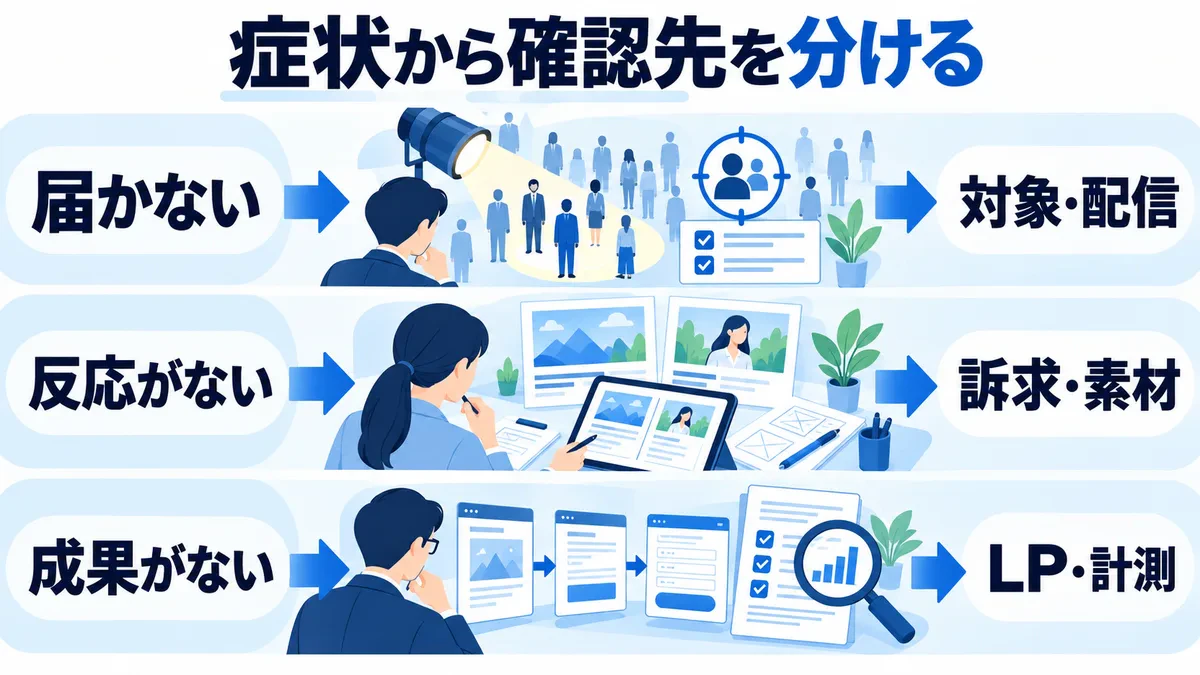 届かない場合は対象・配信、反応がない場合は訴求・素材、成果がない場合はLP・計測を確認する図