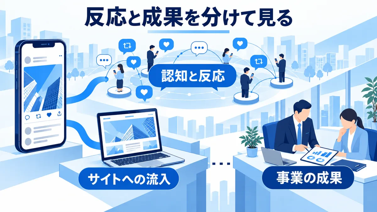 会話の拡散による認知・反応と、サイトへの流入、相談につながる事業成果を分けて見る図