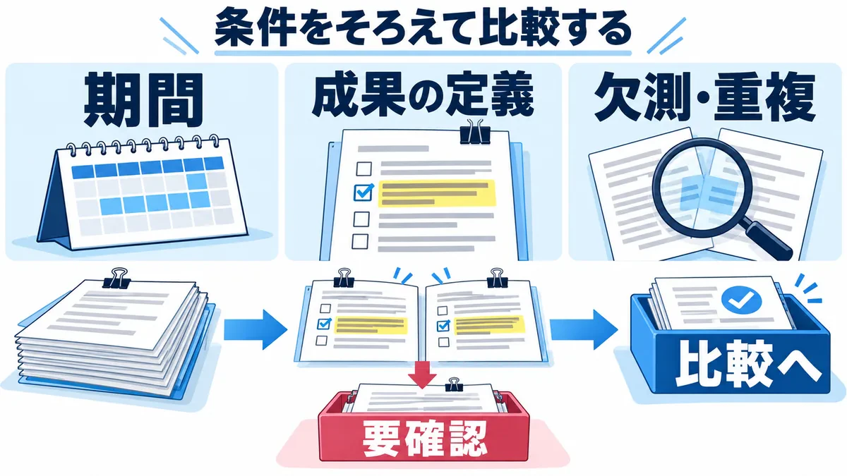 期間・成果の定義・欠測と重複を確認して資料を照合し、条件がそろった資料を比較へ渡し、確認待ち資料は要確認トレーへ分離する
