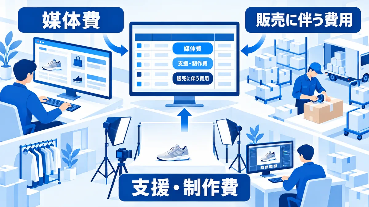 媒体費、支援・制作費、販売に伴う費用を費用台帳へ集めて整理する関係
