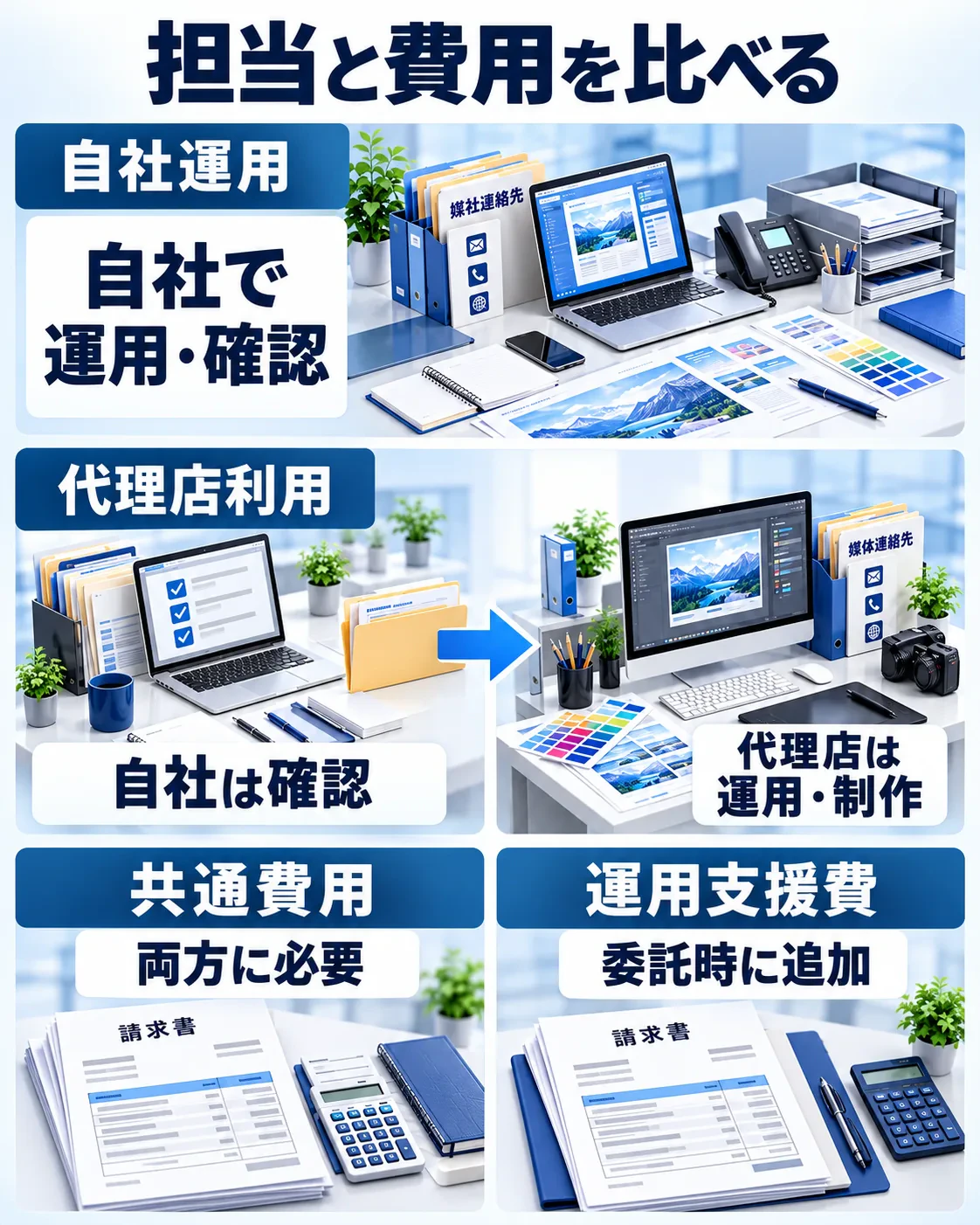 自社運用では自社で運用・確認。代理店利用では自社が確認し代理店が運用・制作を担う。両方に必要な共通費用と、委託時に追加する運用支援費を示す図。