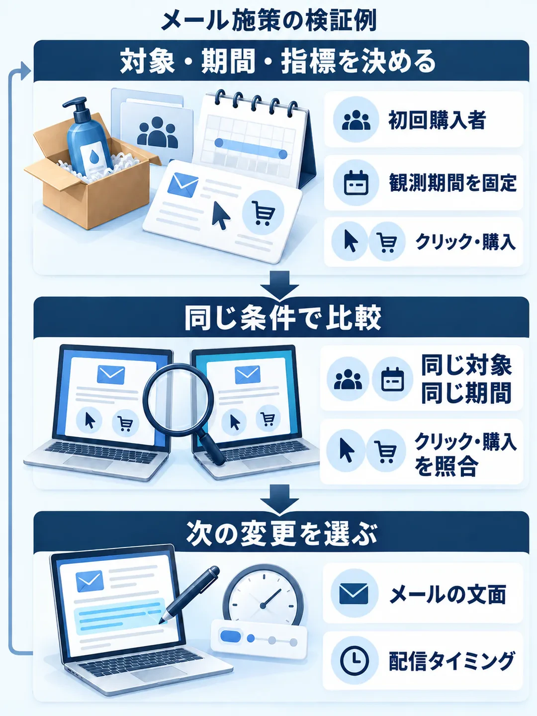 メール施策の検証例。初回購入者・観測期間・クリックと購入の指標を決め、同じ対象と期間で比較し、メールの文面や配信タイミングの変更を選ぶ流れ。